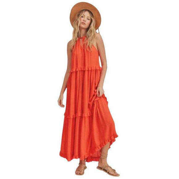 NWT Vivimos Women’s Tangerine Sunset Halter Tiered Maxi Dress Boho Size M - Picture 1 of 9